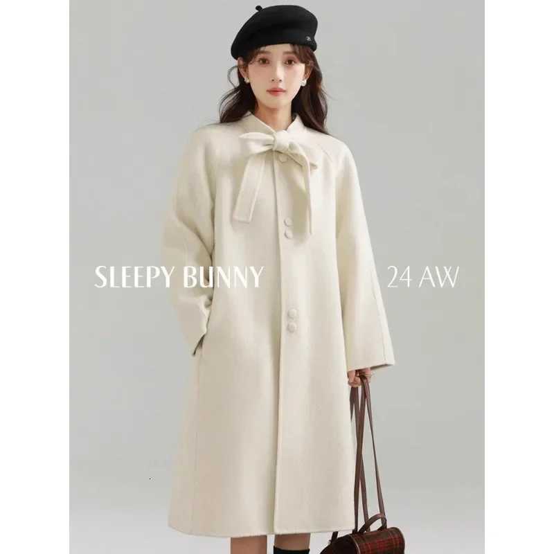 Vintage Bow Knot Double-Faced Wool Coat Women Casual Elegant Long Sleeve Overcoat Cozy and Warm Outerwear for Autumn and Winter Z250813