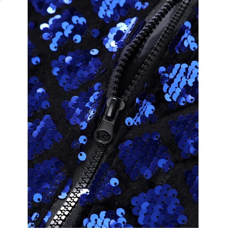 Blue Mens Sequins Long Sleeve Jacket Baseball Collar Zipper Casual Coats Stylish Rib Sleeve Tops European Size S-XXL 250812