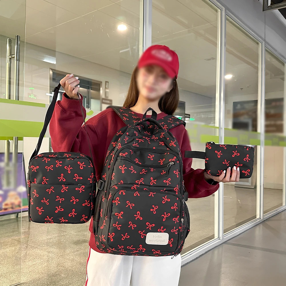 Korean Fashion Bow Print Women Fashion Backpack Lightweight Simple Student Schoolbag Female Bag Set Three-Piece 250809