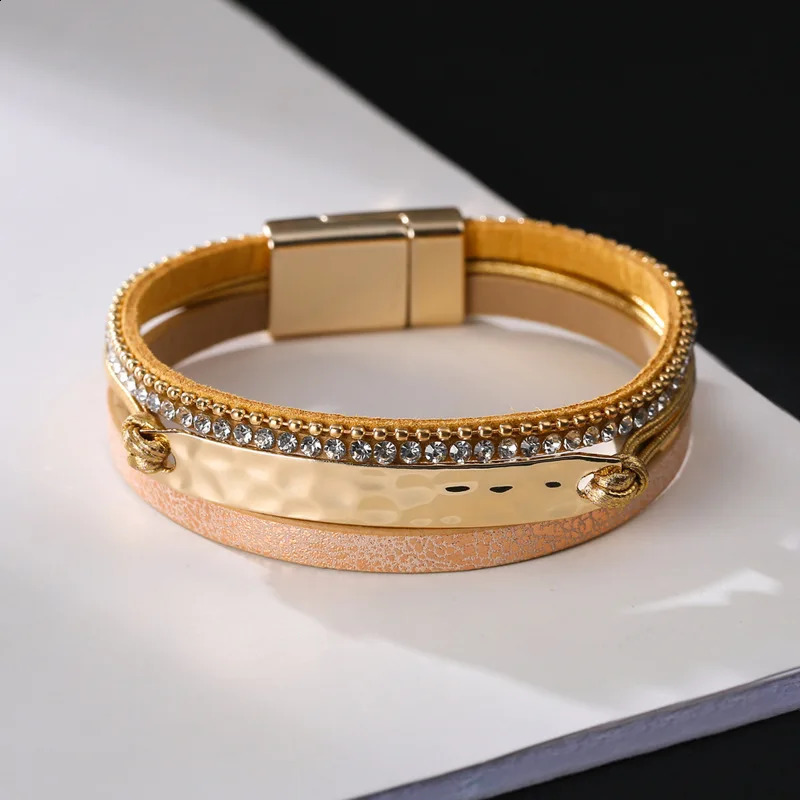 Bohemian Real Leather Bracelets for Women Ladies Boho Metal Crystal Wrap Multilayer Wide Charm Bracelet Female Crystal Jewelry 250812