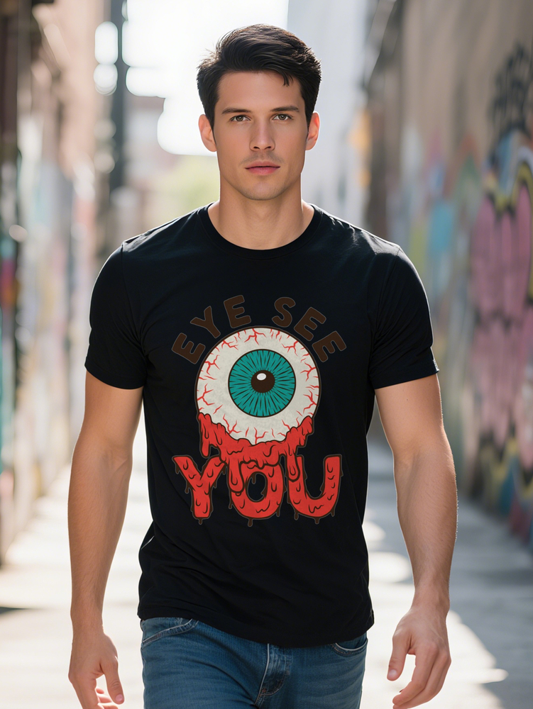 Men s Casual Graphic T Shirt EYE SEE YOU Print Black Crew Neck Short Sleeve Tee Eye Design with Red Dripping Effect