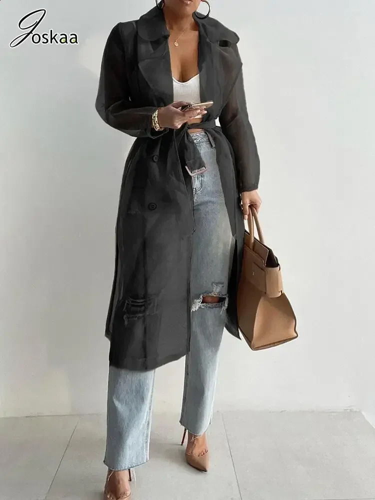 Joskaa Solid Organza See Through Lapel Full Sleeve Trench 2023 Summer Women Fashion Buttoned Coat with Belt Elegant Shirts 250805