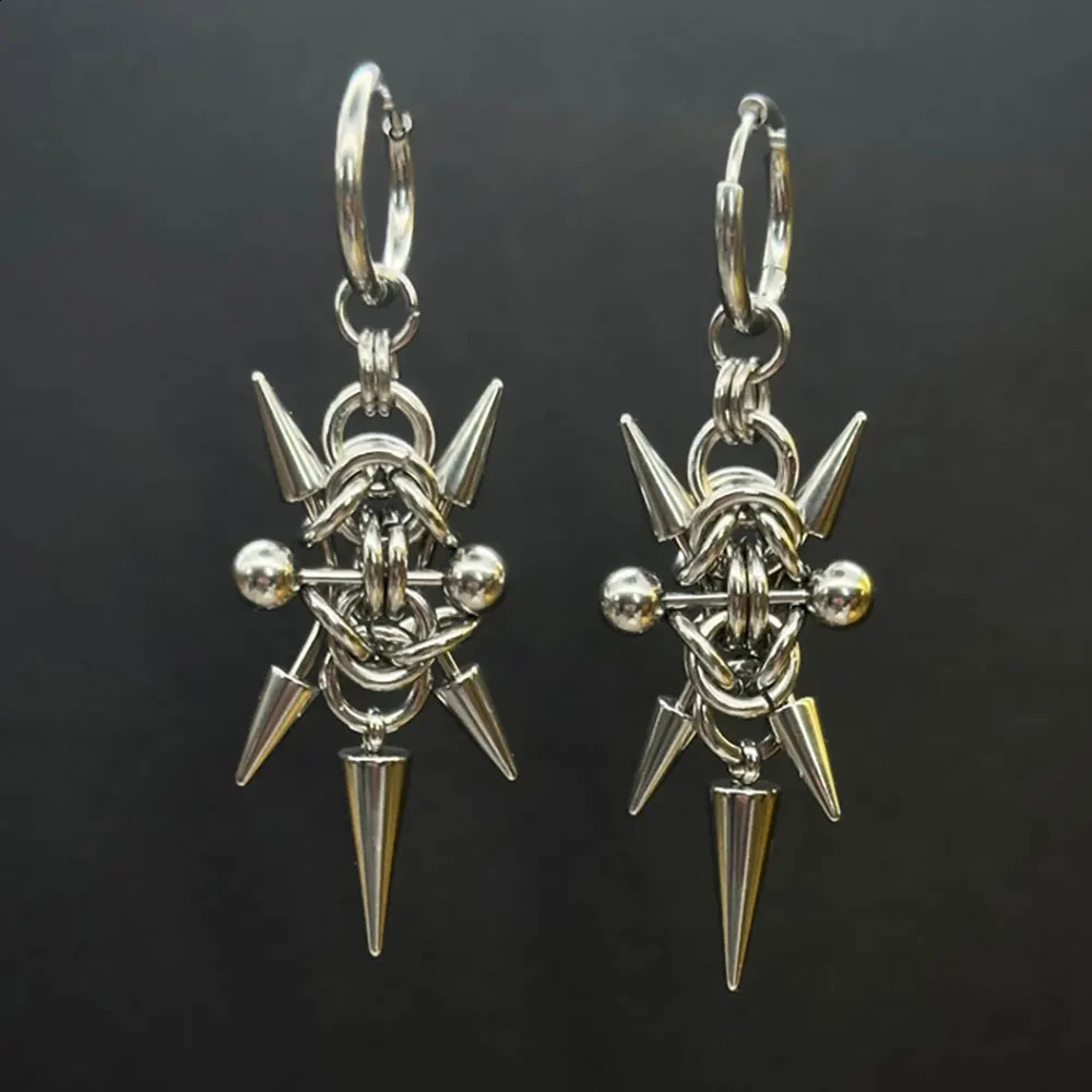Gothic Stainless Steel Hoops Spike Piercing Long Dangle Earrings Handmade Punk y2k Chainmail Rivet Drop Earrings Rock Jewelry 250812