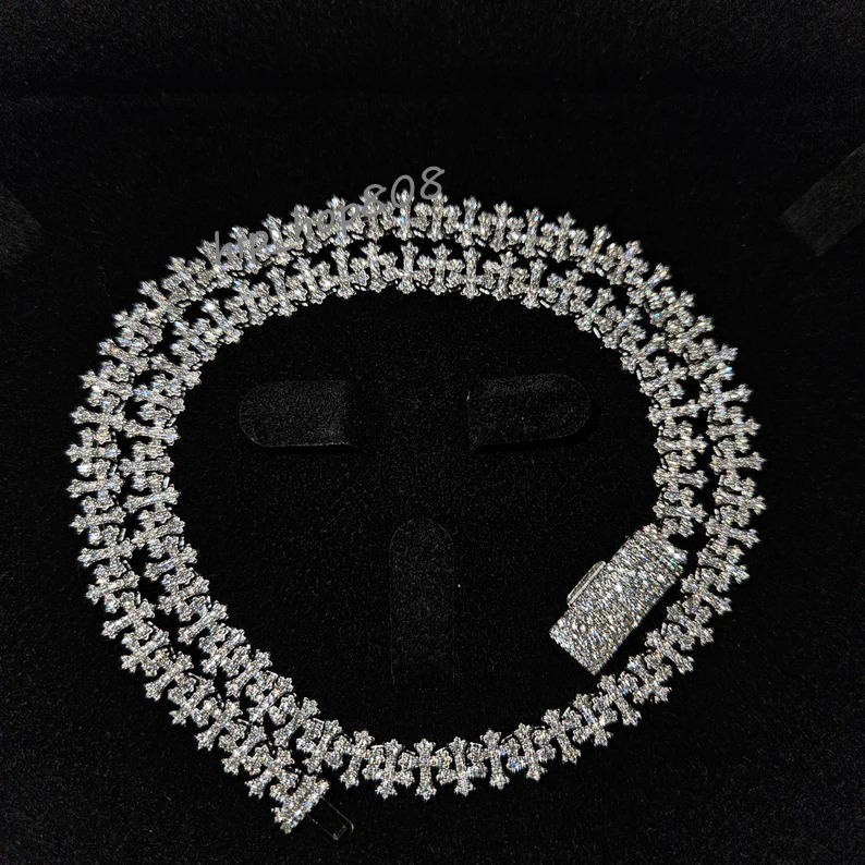 8mm Cuban Link Chain Hiphop Men Cross Charm 925 Sterling Silver Iced Out VVS Moissanite Cuban Chain