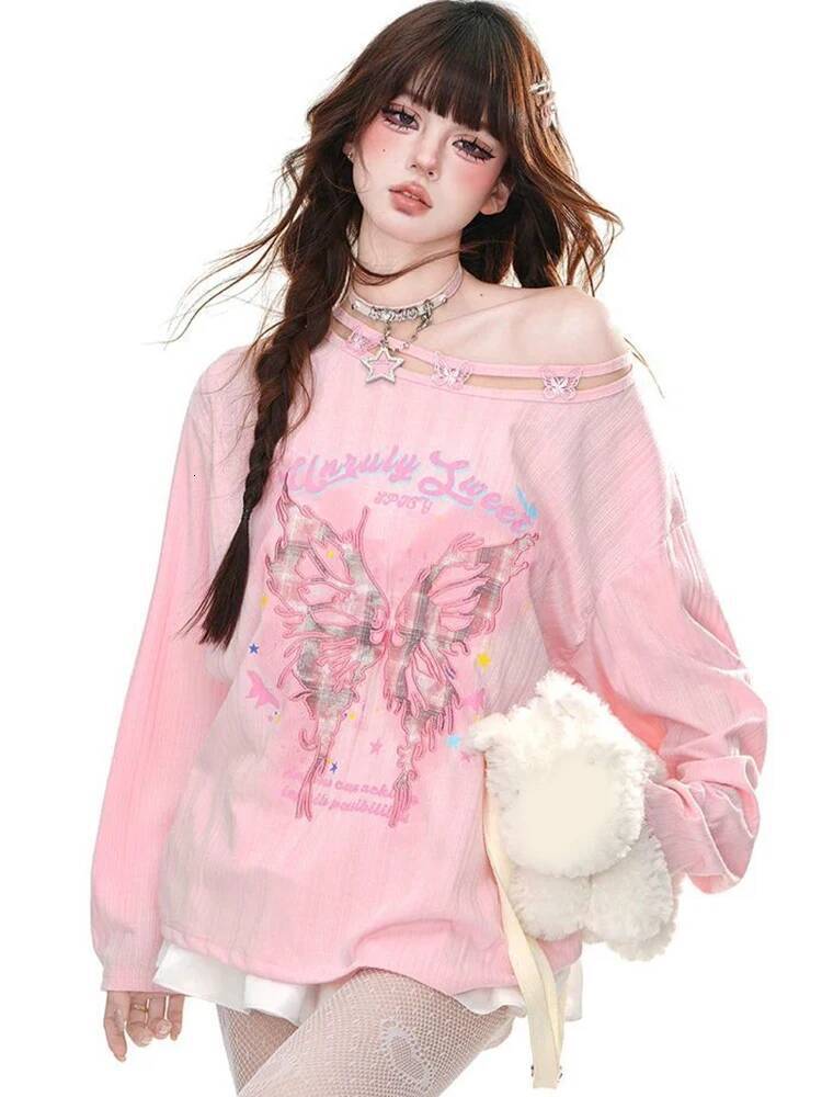2025 street wear Bufferfly T-shirt women's loose hollow long sleeved retro T-shirt American sweet casual oversized design letter new top new desi