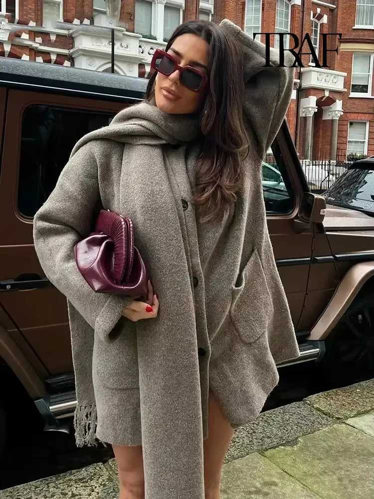 TRAF Womens Fashion Knit Jacket with Scarf Warm Cardigan Single Breasted Coat Casual Solid Color Pocket High Street Outerwear Z250813