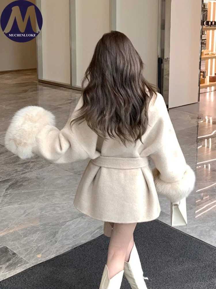 Coats for Women Autumn Winter New Elegant Long Sleeves V Neck Lace Up Woolen Coat Korean Fashion Casual Loose Street Trends Coat Z250813