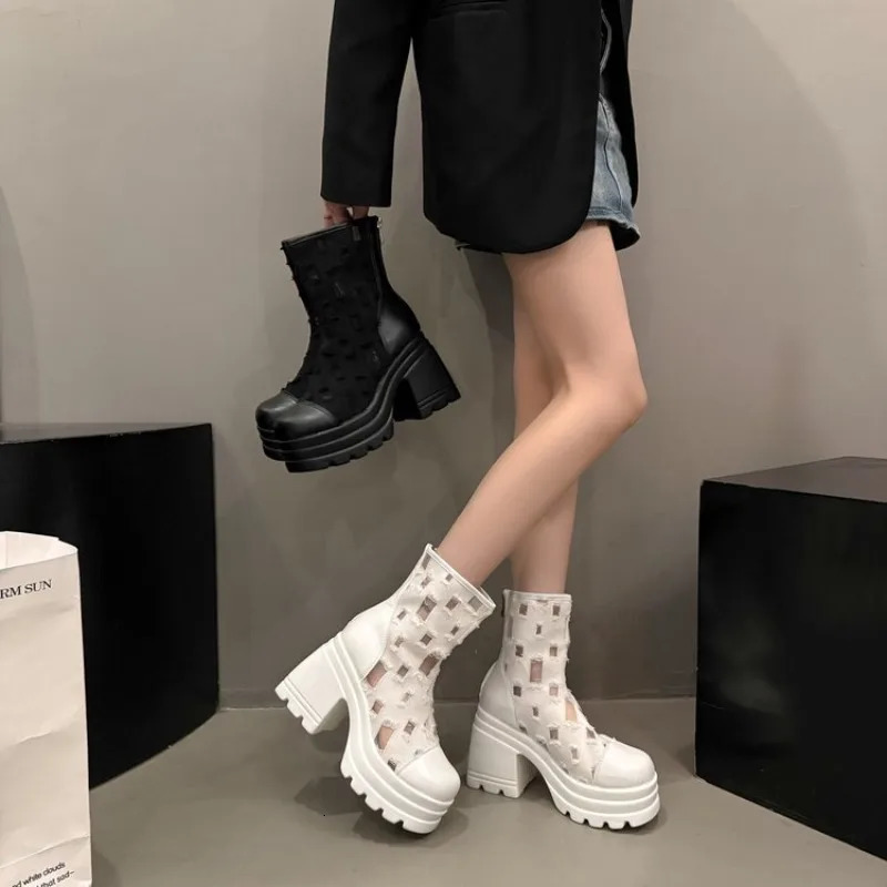 Middle Heel Zip Mesh Fabric Long Sleeved Womens Boots Shoes for Women 2025 Fashion Summer Breathable Mature Womens Boots 250812