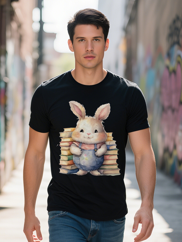 Men s Casual Crew Neck T Shirt Knit Fabric Regular Fit with Bunny and Books Print for Summer Tee