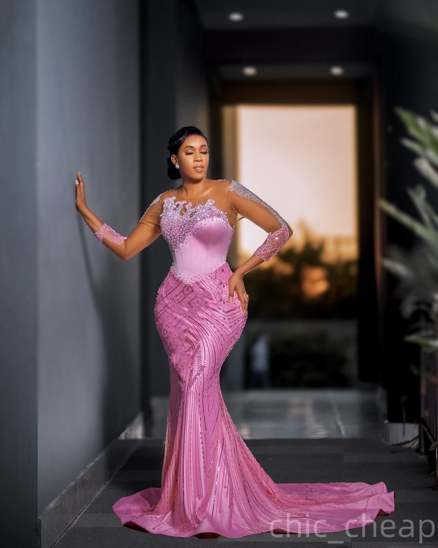 Mermaid Pink Prom Dresses 2025 Beaded Sequined Sheer Neck Stunning Evening Formal Party Second Birthday Engagement Gowns Plus Size Dress For Special O