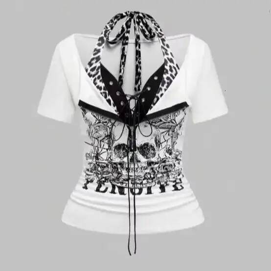 2025 Summer New Women's Tank Top Fashion Skull Print Splicing Leopard Pattern Strap Top Retro Slim fit T-shirt Summer New Counterfeit Two design 