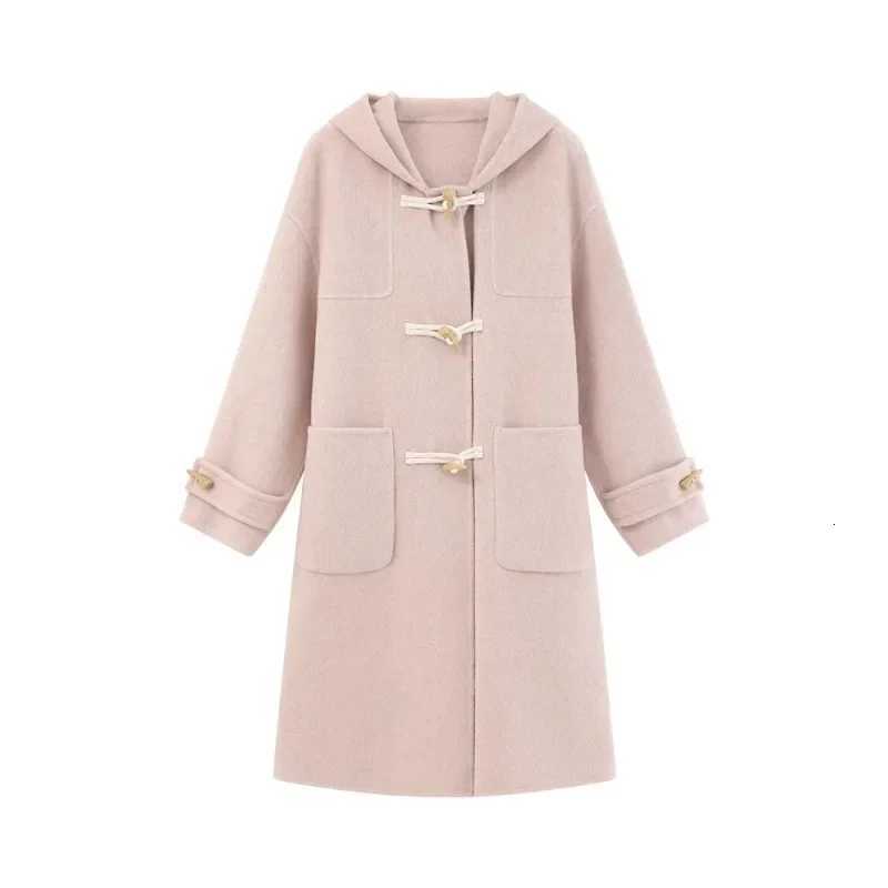 Vintage Hooded Wool Coat with Denim Horn Buttons Double-Sided Casual Loose Fit Duffle Coat for Women Warm Stylish Outerwear Z250813