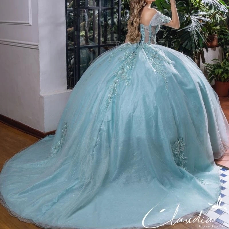 Water Blue Shiny Ball Gown Quinceanera Dresses Off the Shoulder Applique Beading Tull Party Birthday Sweet 16 Dress Vestidos 15 De Anos