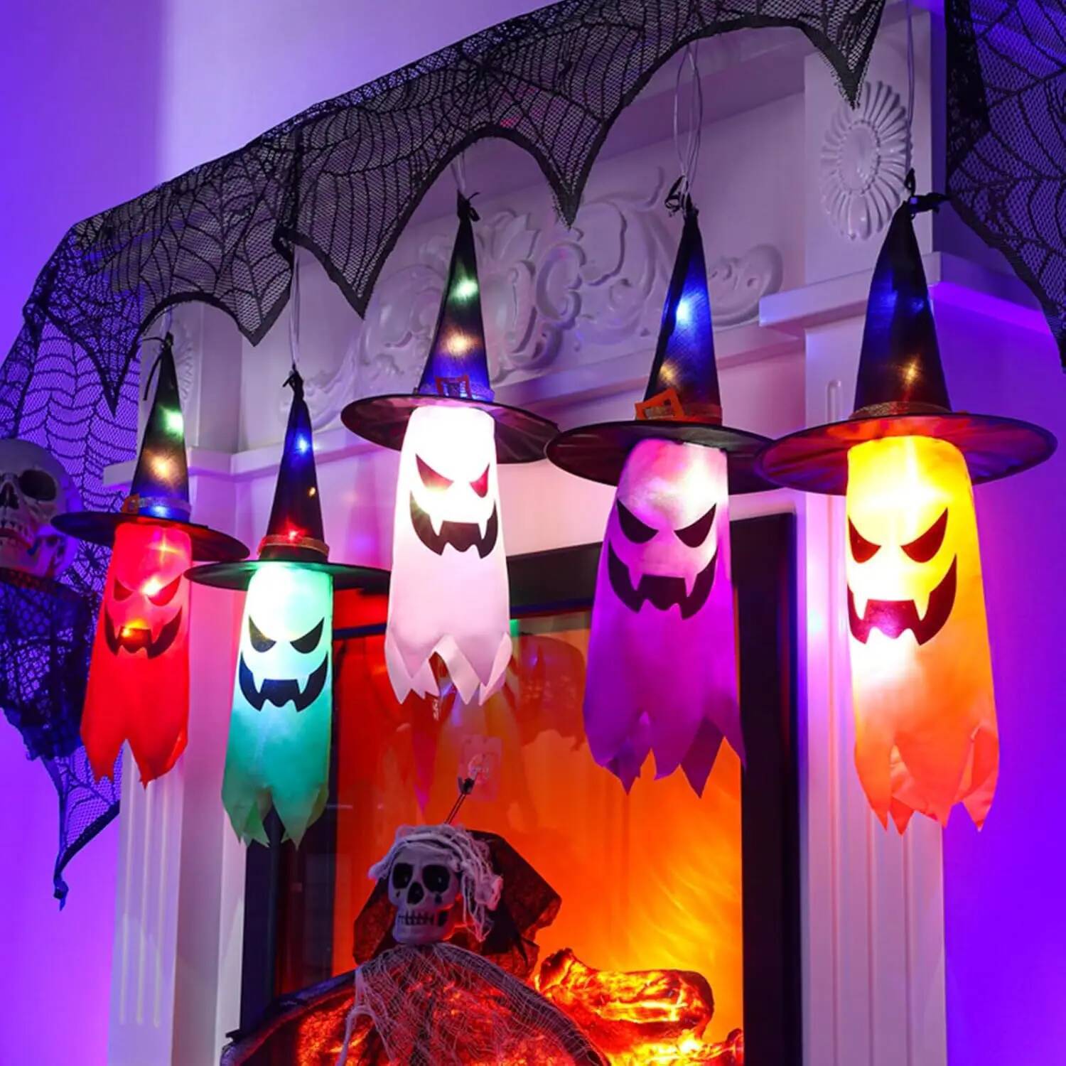 Decorations Outdoor 5 PCS Hanging Halloween Lighted Glowing Ghost Witch Hat with LED String Lights for Party Garden ddmynov