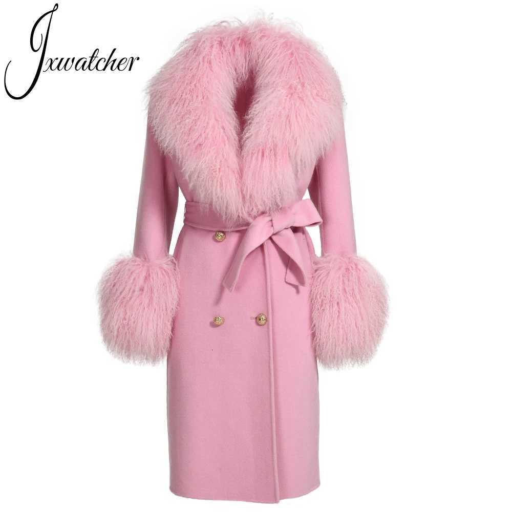 100% Cashmere Wool Coat Women Real Mongolian Sheep Fur Collar Ladies Double Faced Coats Belt Winter Fall Long Trench Jacket Z250813