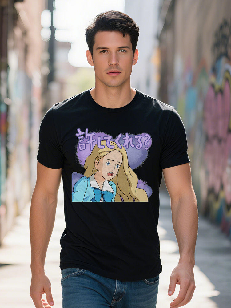 crew neck T-shirt with anime style, black short sleeve tee featuring blonde girl character design, perfect gift for