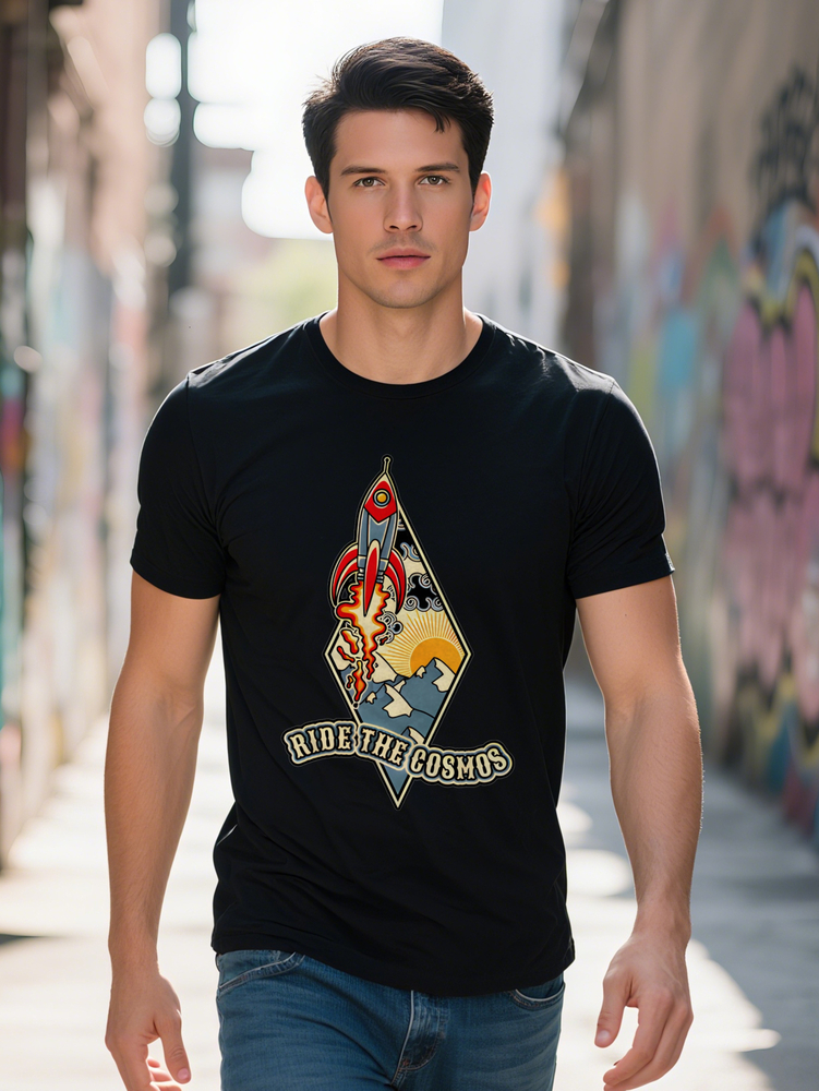 Men s Casual Graphic T Shirt Black Space Rocket Mountain Print with RIDE THE COSMOS Design Round Neck Summer Tee
