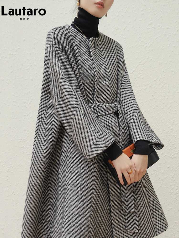 Lautaro Autumn Winter Black and White Zigzag Woolen Coat Women Sashes A Line Loose Elegant Stylish Runway Korean Fashion 2022 Z250813