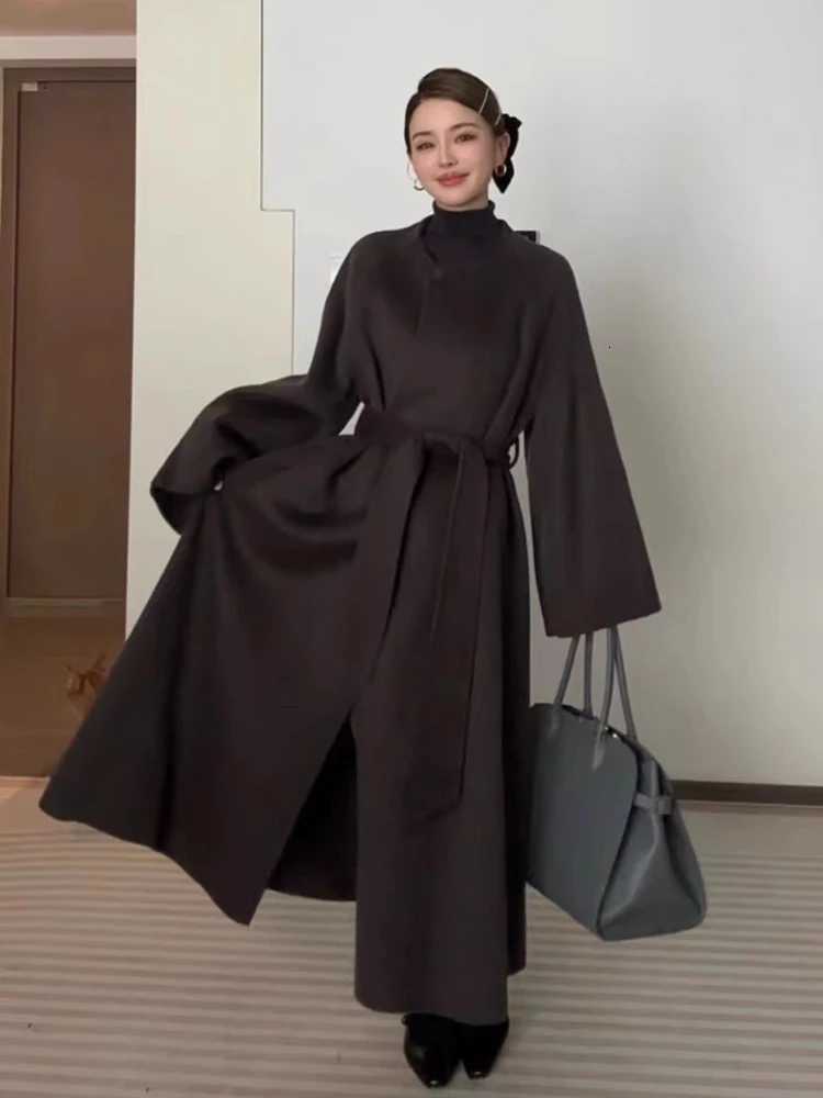 2024 Autumn Winter New Woolen Coats Round Neck Belt Overcoat Female Fashion Clothing Vintage Lace-Up Elegant Wool Jackets Z250813