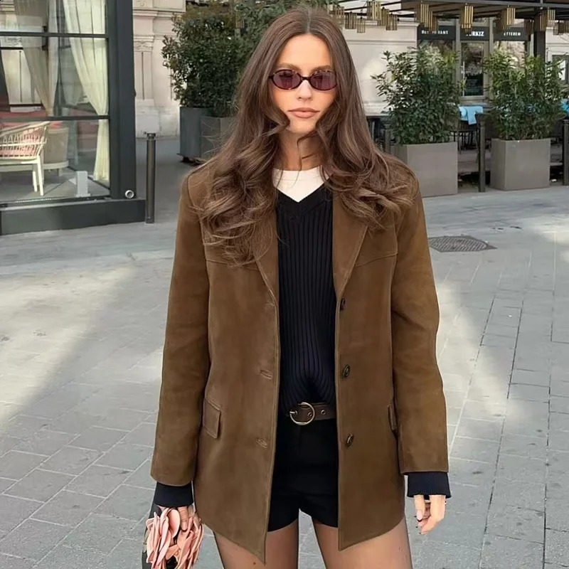 TRAF Womens Blazer Suede Jacket Spring Outerwears Brown Long Sleeve Blazer Vintage Solid Fitted Coat Old Money Jackets 066 250812
