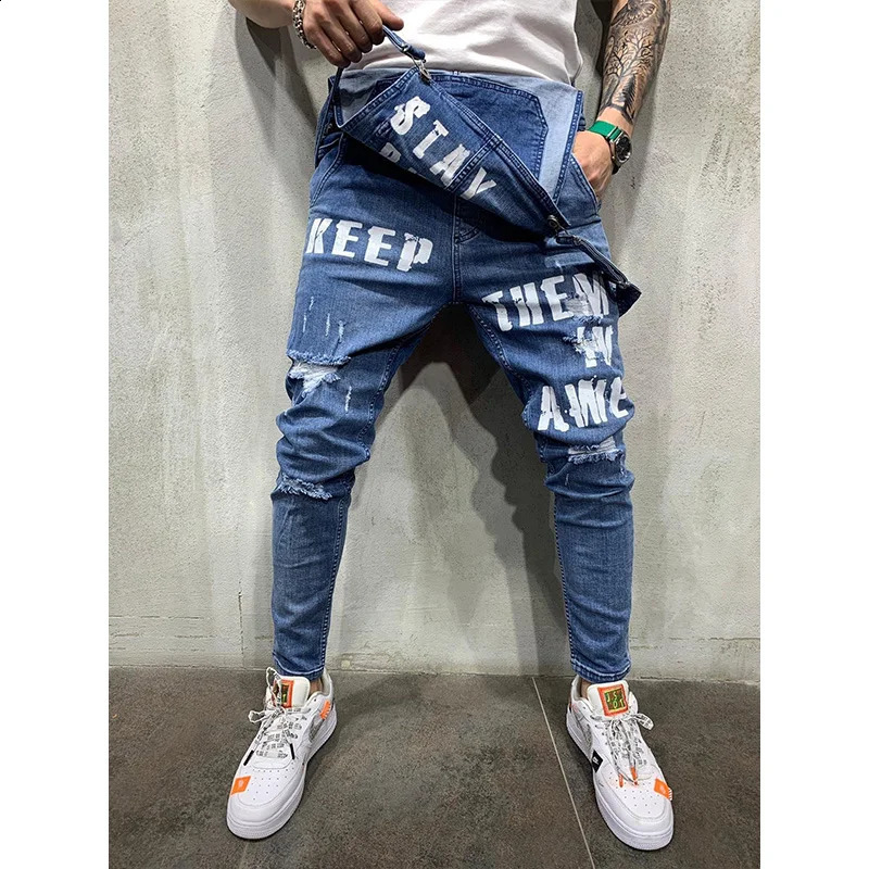 Men Suspenders Denim Jumpsuit Letters Trousers Fashion Overalls Mens Ripped Printed Jeans Streetwear 250808