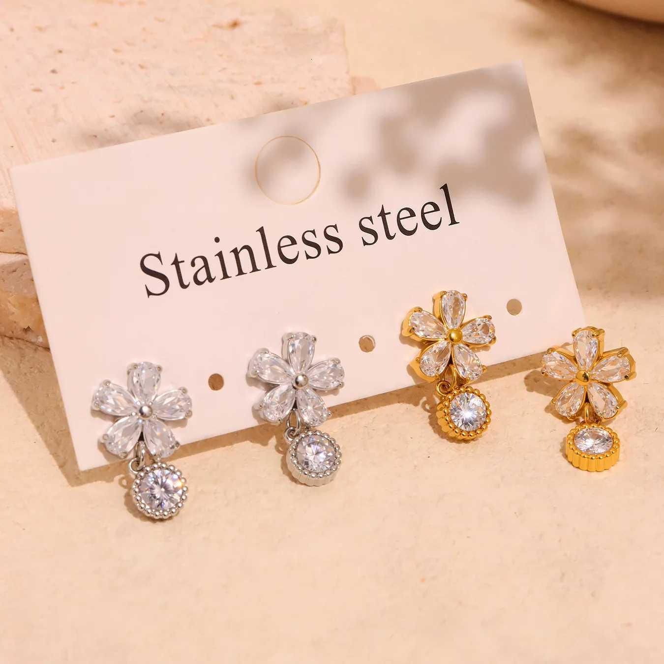 Delicate Shiny Cubic Zirconia Flower Earrings Luxury Fashion Stainless Steel Daily Chic Premium Jewelry Y250812