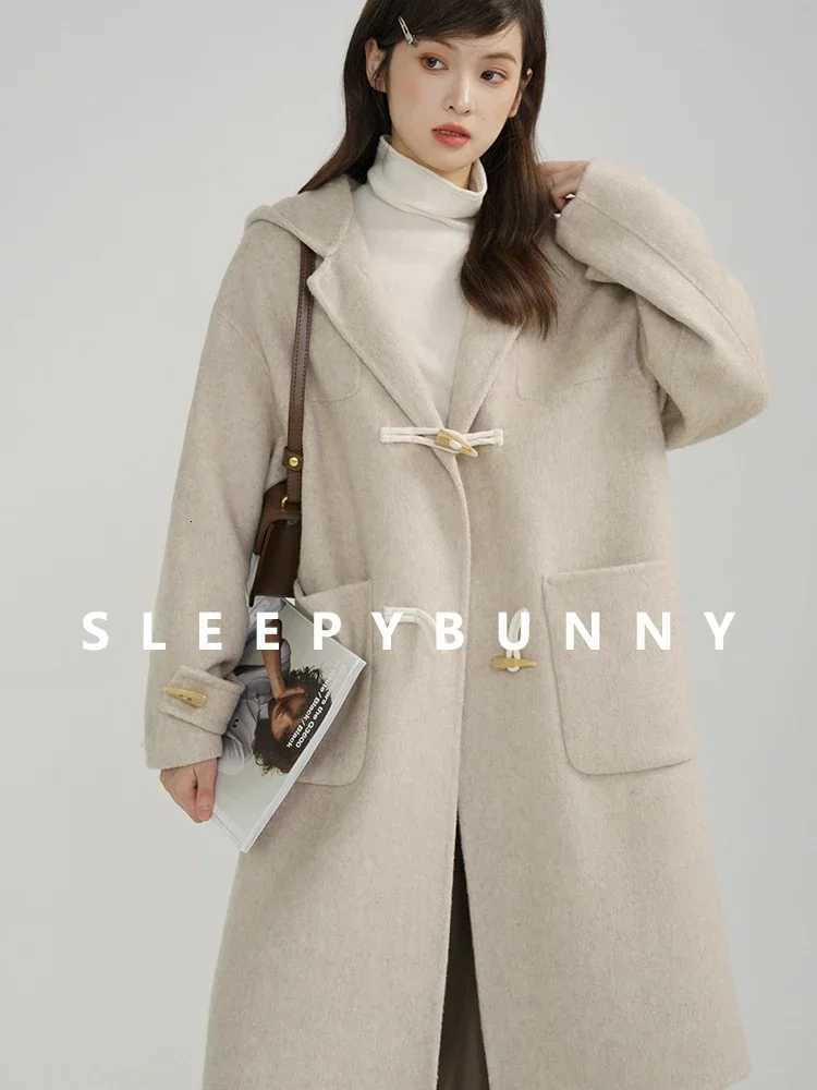 Vintage Hooded Wool Coat with Denim Horn Buttons Double-Sided Casual Loose Fit Duffle Coat for Women Warm Stylish Outerwear Z250813