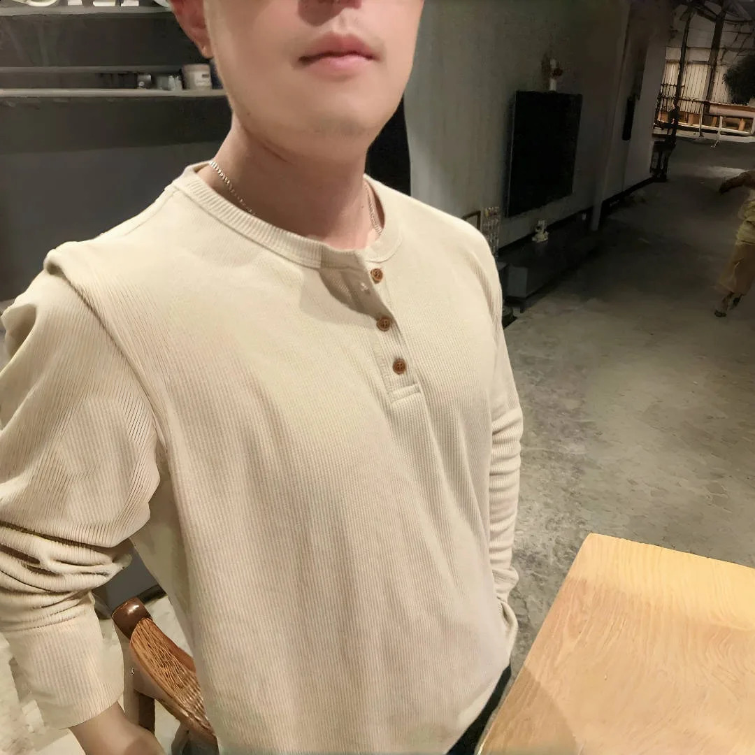 Slim Fit Mens Basic Tee Casual Tshirts Henley Waffle Long Sleeve Shirts Thermal Solid Half Button Breathable Cotton Shirts 250811