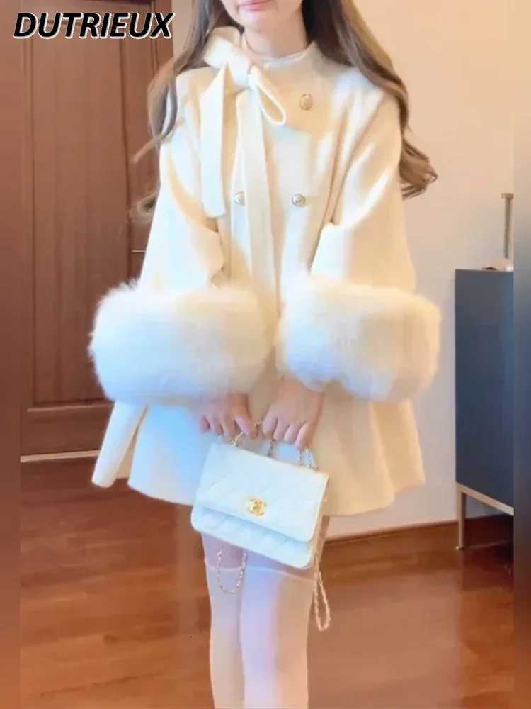 Autumn and Winter Sweet Stand-up Collar Bowknot Double Breasted Woolen Cape Coat Cute White Long Sleeve Mid-LengTH JaCKet Z250813