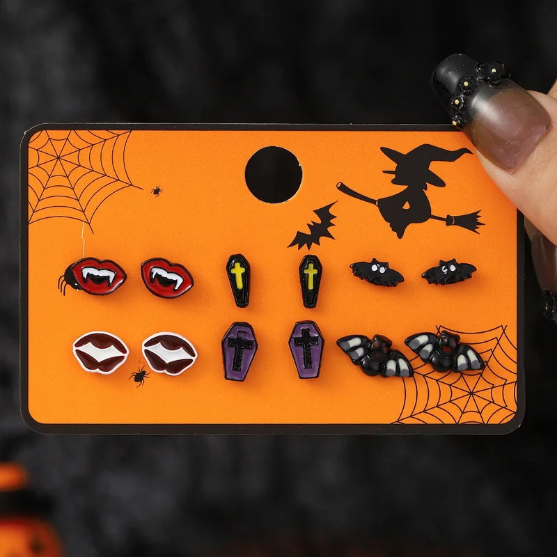 6pcs Earrings Set Halloween Earrings For Women Fashion Creative Jewelry Bat Ghost Pumpkin Black Cat Stud Earrings 250812