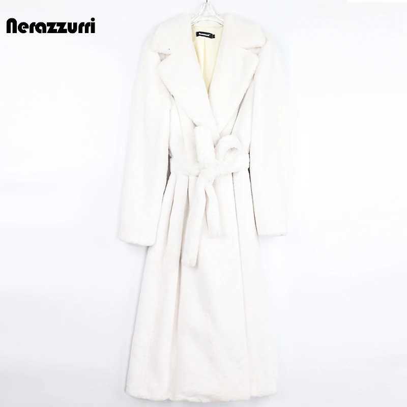 Nerazzurri Winter Long White Black Warm Fluffy Faux Fur Coat Women Long Sleeve Belt Lapel Stylish Korean Fashion without Buttons Z250813