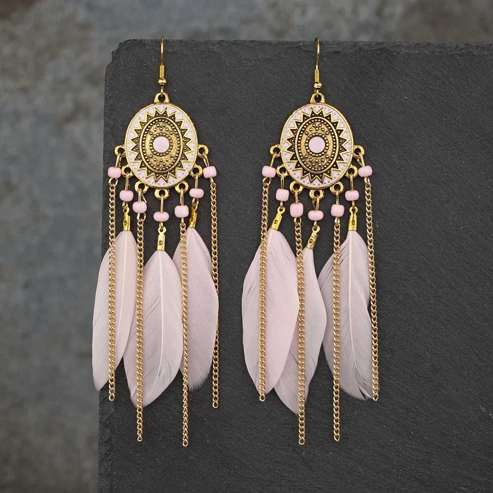 Vintage Ethnic Feather Tassel Earrings For Women Long Fringe Chain Drop Dangling Earrings Female Girls Jewelry Accessories Y250812