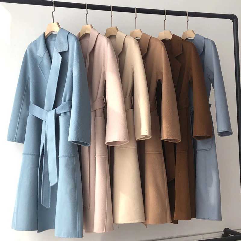 Korean Women Handmade Hepburn Corrugated Water Ripples Coat Double-sided Cashmere Wool Long Woolen Jacket Cashmere Coat Z250813