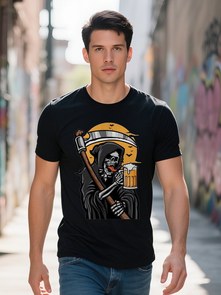 Men s Black Graphic T-Shirt Funny Skeleton with Beer Mug Design Casual Short Sleeve Summer Tee Vintage Horror Dark faae4