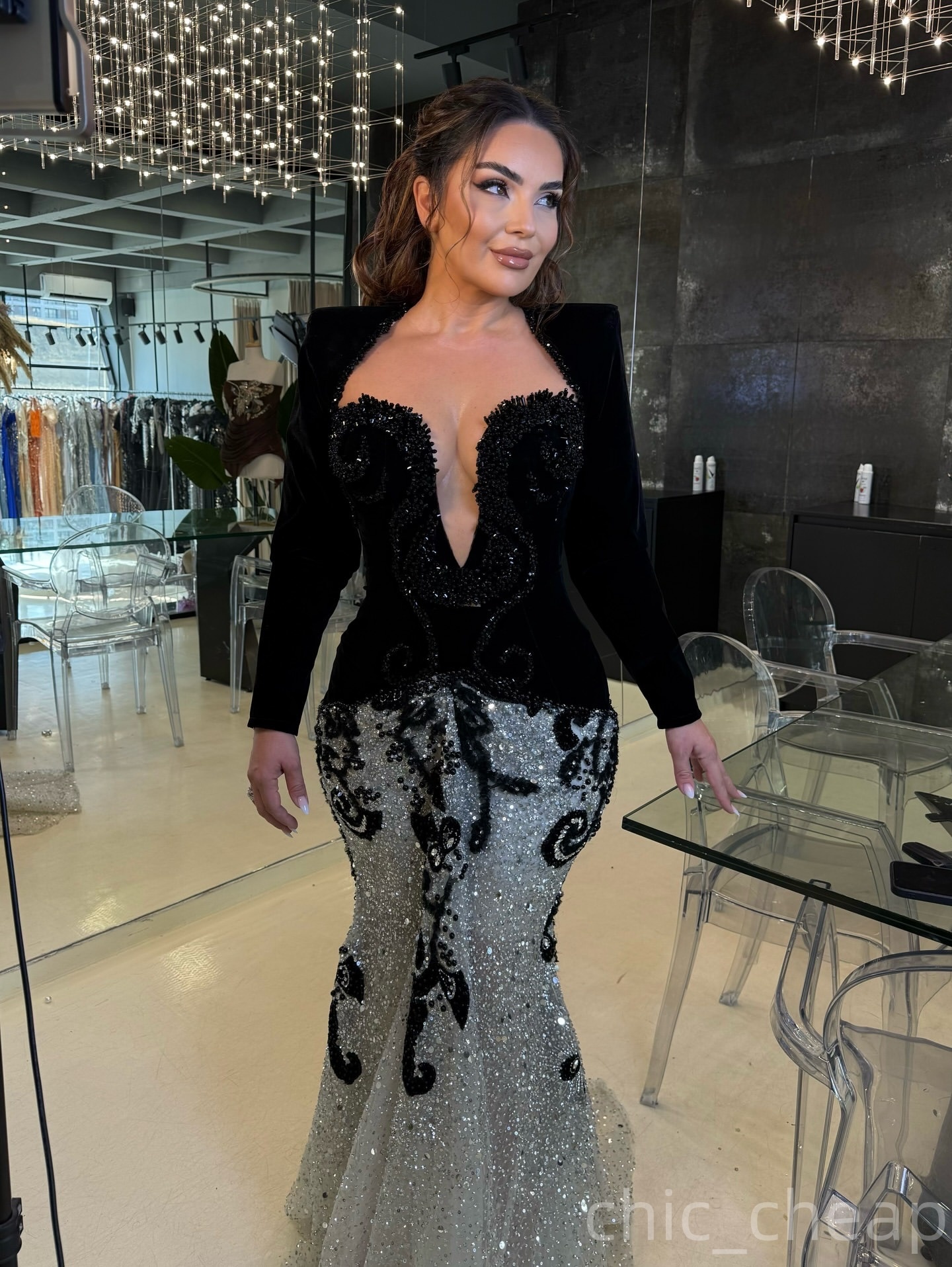 Arabic Mermaid Black Silver Evening Dresses Beaded Sequined Full Sleeves Prom Formal Party Second Birthday Engagement Gowns Plus Size Dress For Specia