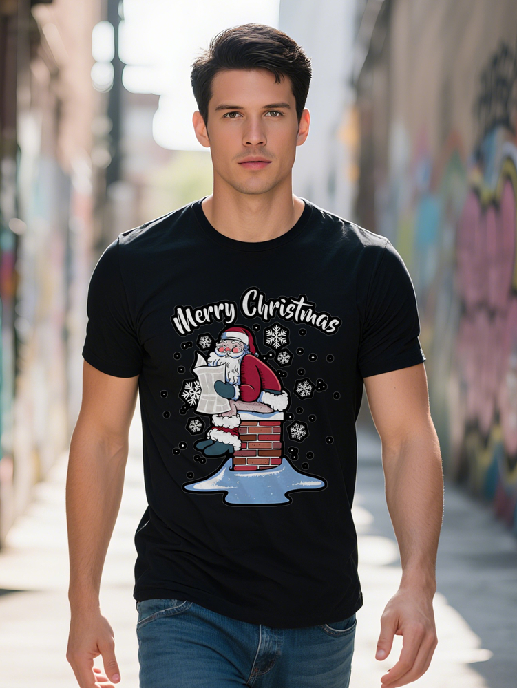 Men's Casual Round Neck T-Shirt with Festive Santa Claus Print Black Perfect for Summer and Gifting