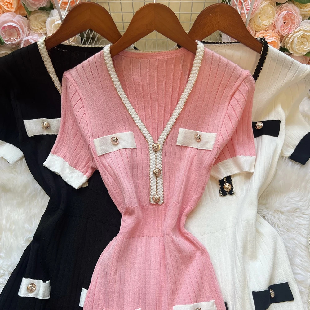 YuooMuoo Chic Fashion Sexy Package Hips Knitted Mini Dress Summer Elegant V-neck Ruffled Party Dress Streetwear Vestidos 250806