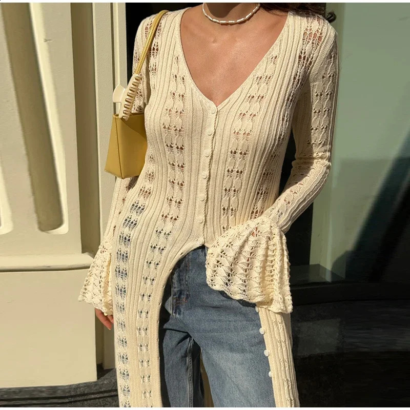 Elegant Knitted Hollow Out Long Dress Women Beach Ruffle Single-breasted Flare Sleeve Cardigan Robe Female Fashion Solid Dresses 250805