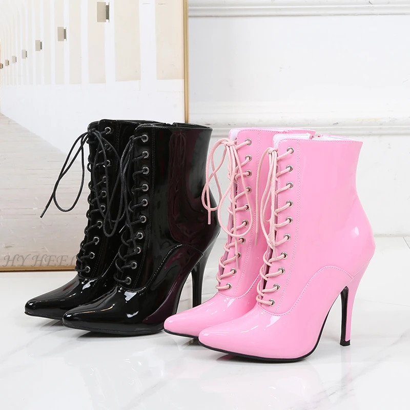 Lady Sexy Pink Mirror Fetish Ankle Boots T Show Pointy Toe Club Party Shoes Thin High Heels Laces Boots For Women 250812