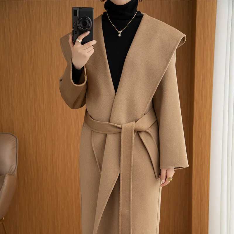 Hot Sale Women Hooded Wool Coat Pure Color Hoodie Woolen Overcoat Big Collar Jacket Cashmere Lace-up Fashion Cloak With Belt Z250813