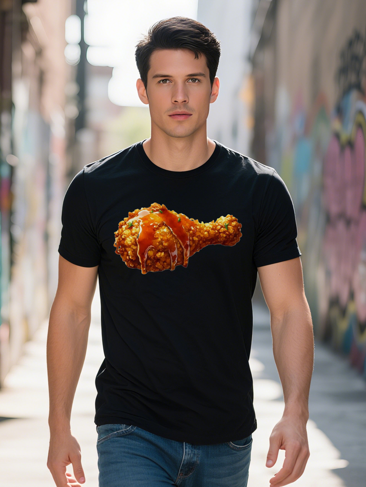Men s Dark Graphic T-Shirt Black Casual Short Sleeve Tee with Fried Chicken Print Round Neck Summer Essential