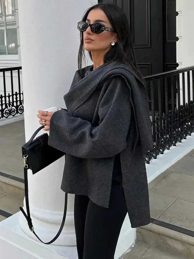 3ZBA Womens Asymmetric Scarf Knitted Jacket O-neck Single Button Side Slit Solid Loose Coat Winter New Female Chic Outerwear Z250813