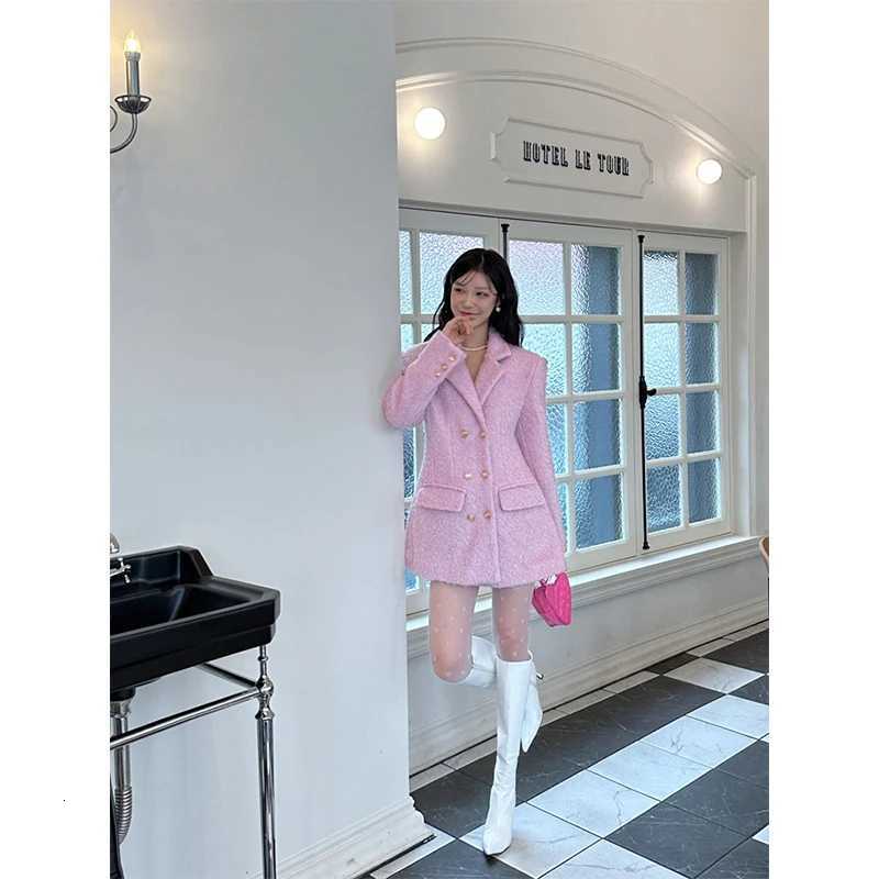 MEXZT Elegant Pink Wool Blends Coats Women Double Breasted Black Woolen Jackets Korean Long Sleeve Outerwear Winter Overcoat New Z250813