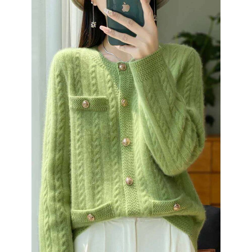 Women O-Neck Cardigan Office Lady Cable Knitting Sweater Autumn Winter Thick Long Sleeve 100% Merino Wool Knitwear Tops 250813