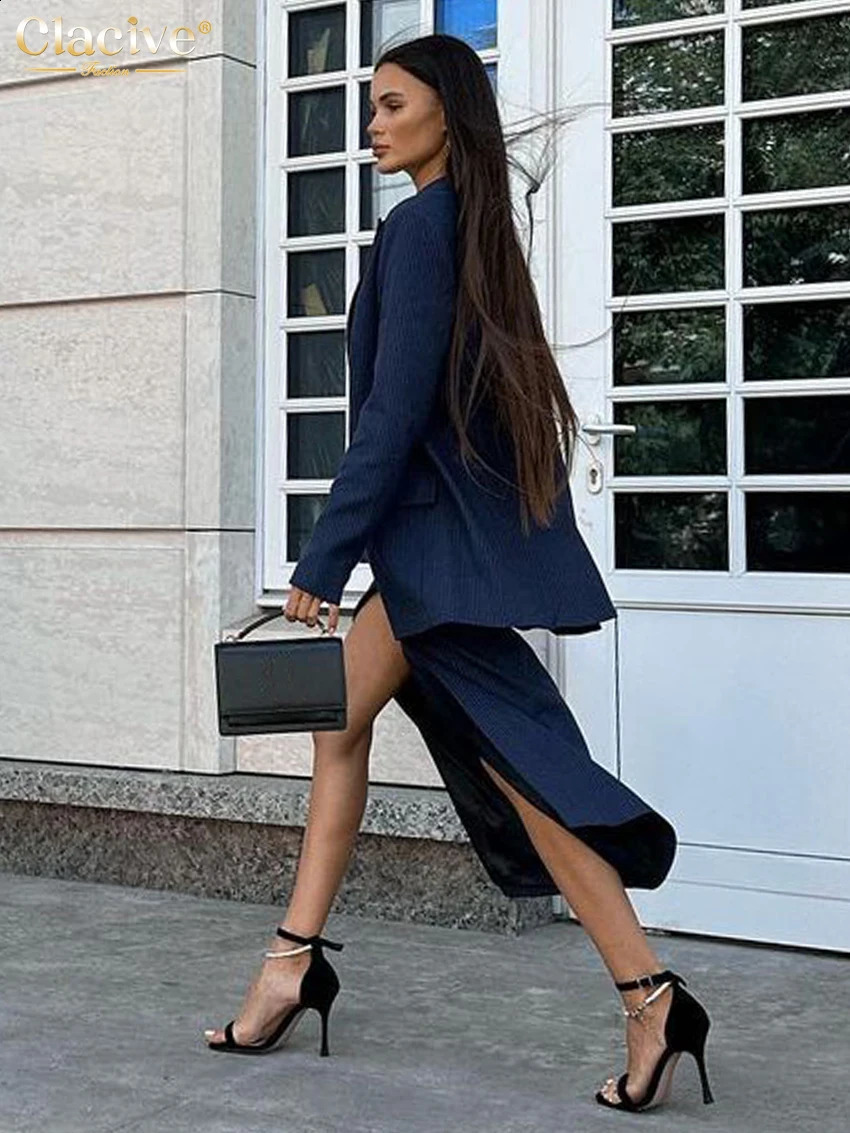 Clacive Fashion Loose Blue Stripe Womens Two Pieces Set Elegant Long Sleeve Blazer With High Waist Slit Long Skirt Set 250812