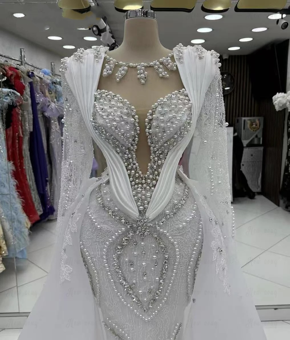 Exquisite A Line Women Wedding Dress Jewel Neck Long Sleeves Bridal Gowns Pearls Sequins Detachable Train Dress Customized vestidos de novia