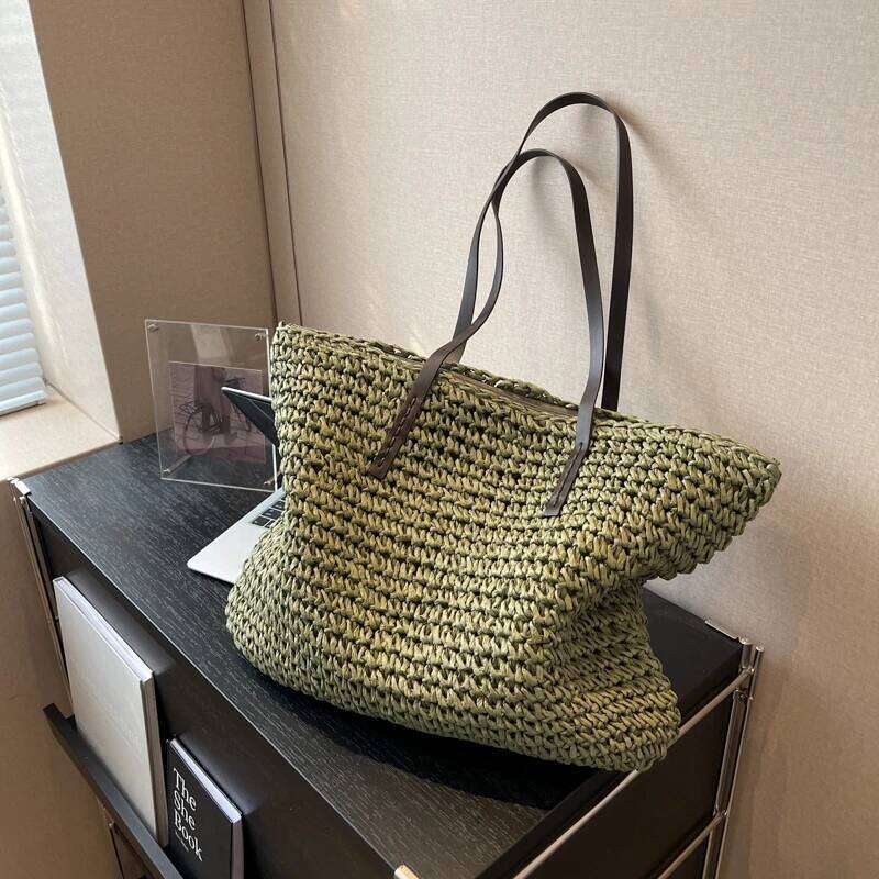 MOODS Design Straw Woven Tote Bags For Women Large Capacity Shoulder Beach Bag Pure Color Summer New Big Shopping Handbag