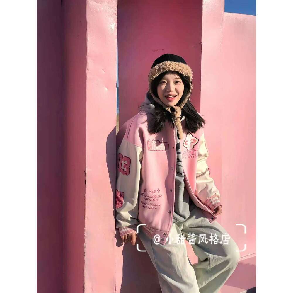 2025 Girly Korean Academy pink baseball uniform for women INS spring sweet girl splicing embroidery trendy jacket