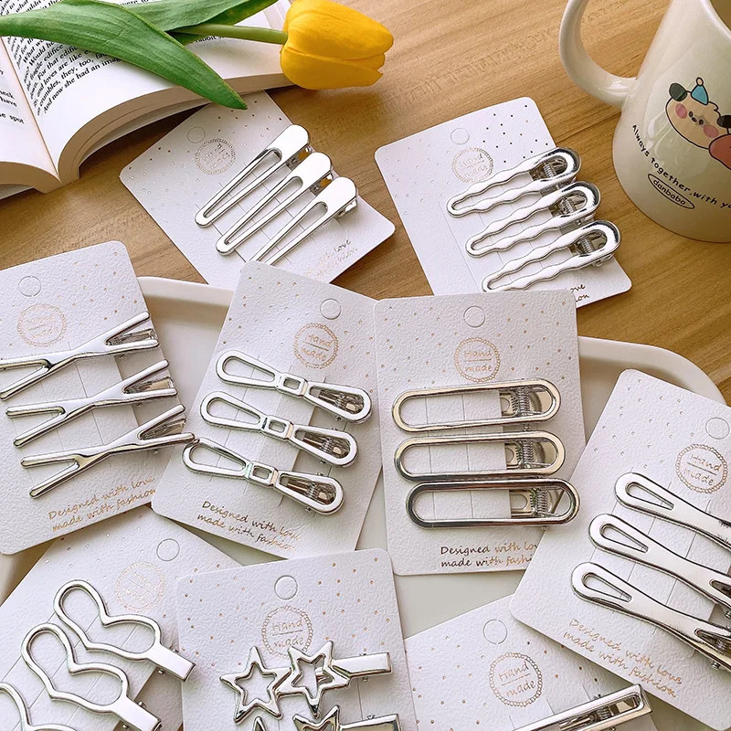 3pc Girls Silver Color Hair Clips Women Cute Metal Hair Clips Kid Alligator clip Barrettes Hair Grips Hair Accessories Headwears 250812