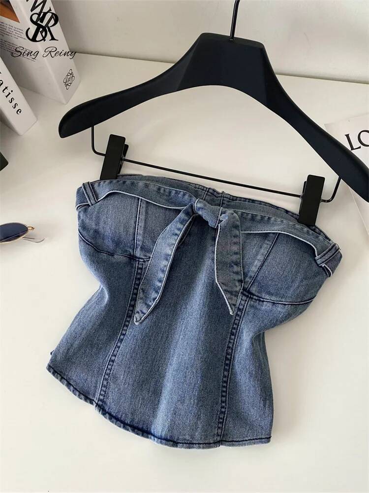 2025 vest SINGREENY American retro denim mini top bow strapless sleeves backless slim fit trend vest women's popular streetwear sexy vest designe